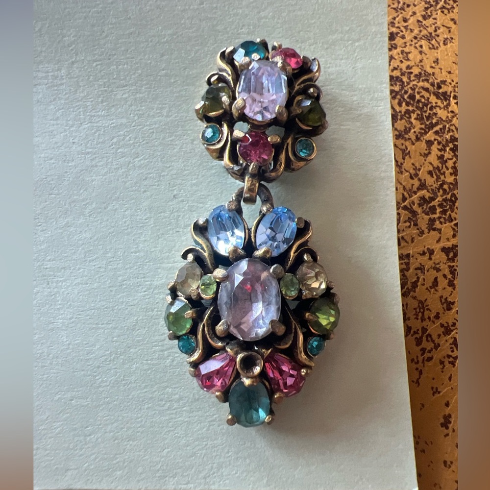 Antique Vintage Hollycroft Clip On Earrings Multicolored Gemstones Estate Rare